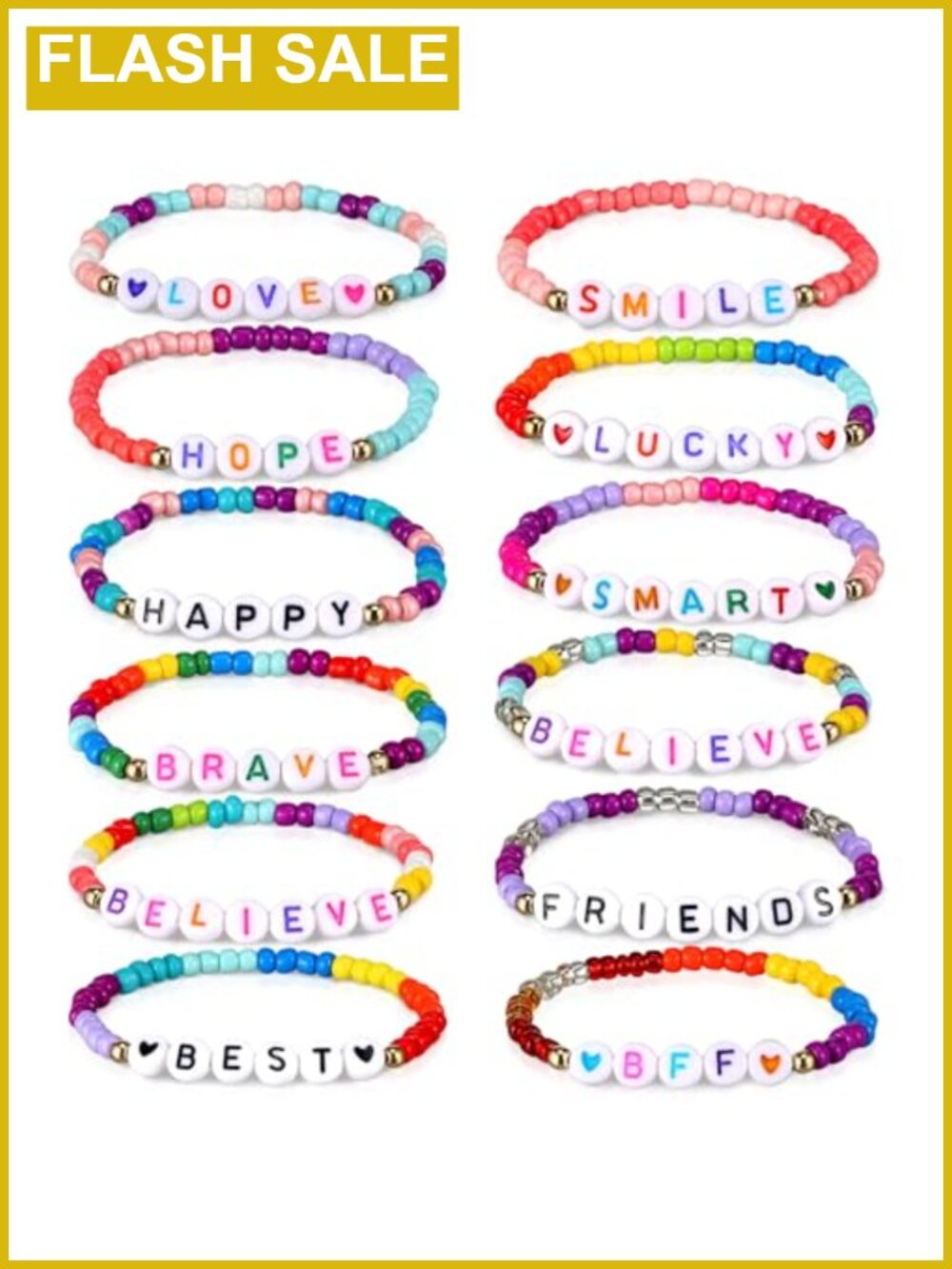12 Pc Friendship Bracelets Resin Stretch Beaded Motivational Kids Party
